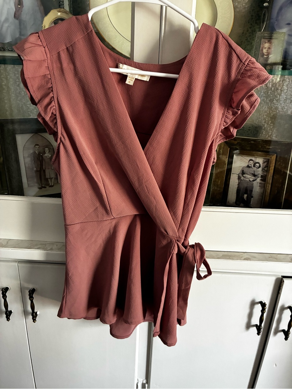 Women's Wrap Blouse in Dusty Rose - Lightweight Ruffle Sleeve Top